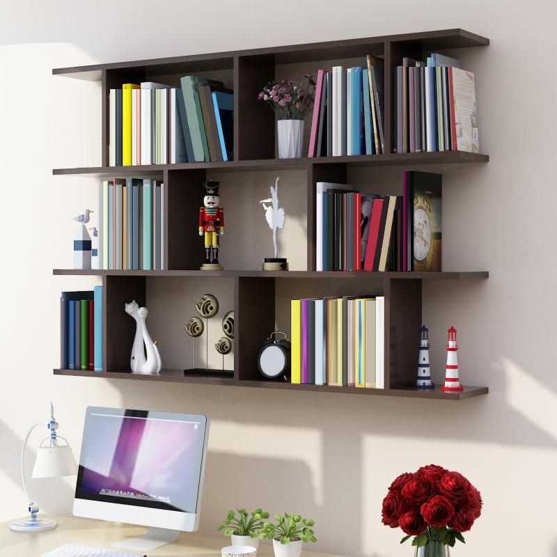 Modern Wall Mounted Shelf Bookcase Horizontal Engineered Wood Bookshelf