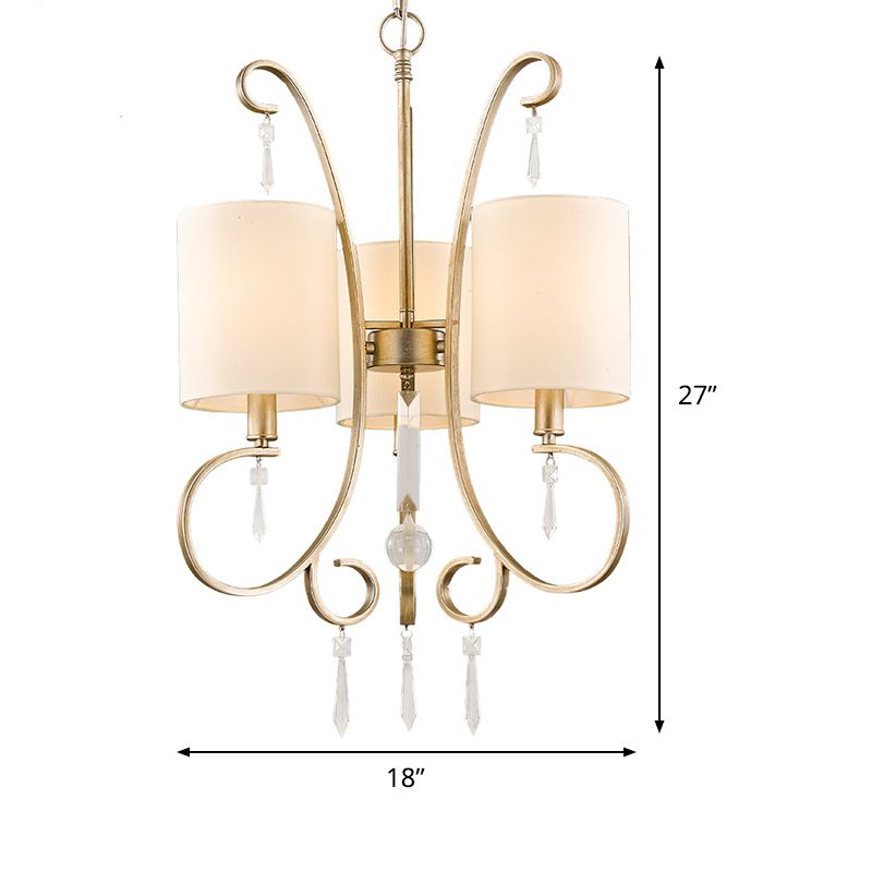 Gouden cilinder kroonluchter verlichtingsarmatuur traditionele stof 3-bulb metalen slaapkamer hangende lamp met kristallen accent