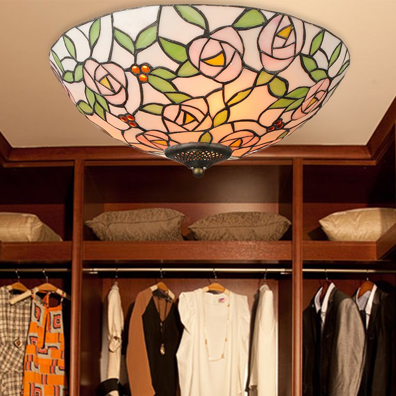 Pink and Green Bowl Flush Light with Rose Vintage Tiffany Stained Glass Flush Ceiling Light