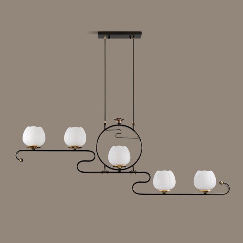 Flower Shape Glass Island Chandelier Modern Multi Lights Island Ceiling Light in Black