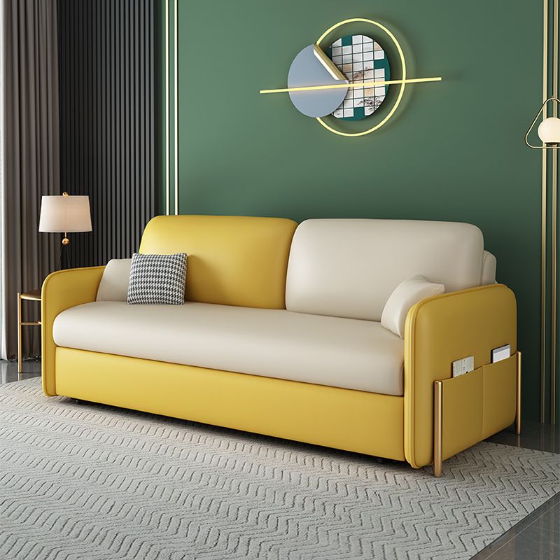 Square Arm Sofa Bed in Yellow Faux Leather Stain Resistant Bed Sofa