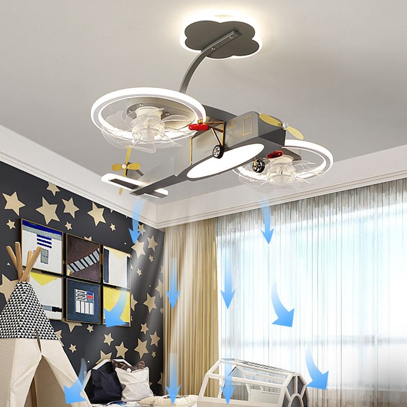 Kids LED Ceiling Fan Lamp Airplane Metal Fan Lighting in Grey for Bedroom