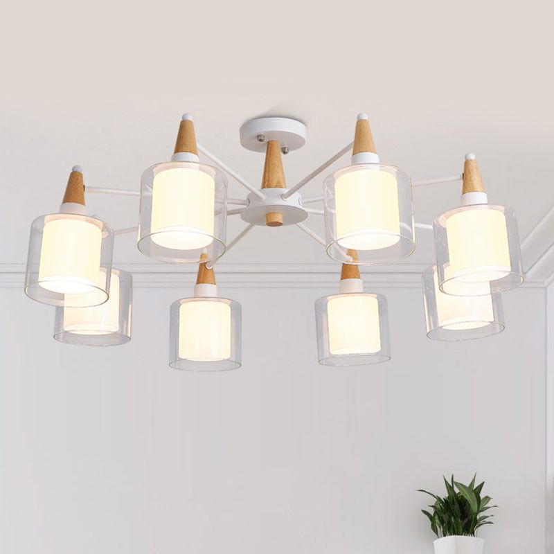 Beige Double Cylinder Flush Mount Fixture Modernism 8 Heads Clear and White Glass Semi Close to Ceiling Light