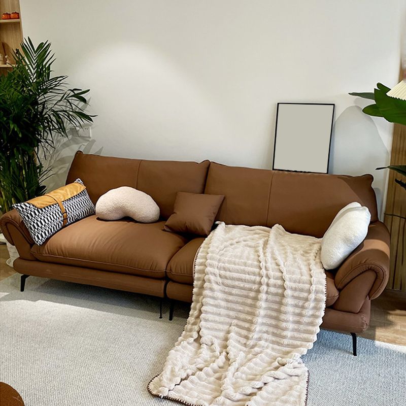 Brown Genuine Leather Sofa Loose Back Flared Arm Sofa with Pillows