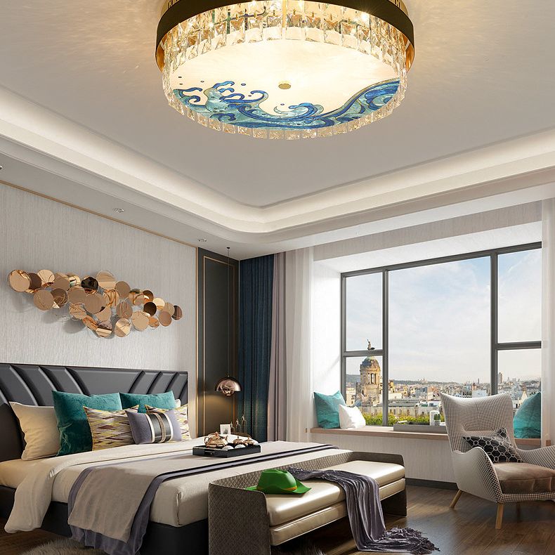 Creative Modern Drum Flush Mount Lamp Crystal Block Bedroom LED Ceiling Light in Brass