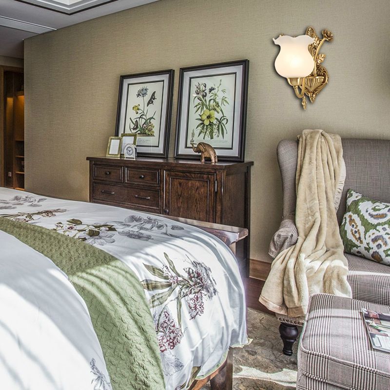 1/2 Bulbs Living Room Sconce Lamp Colonialist Brass Wall Lighting Fixture with Flower Opal Glass Shade