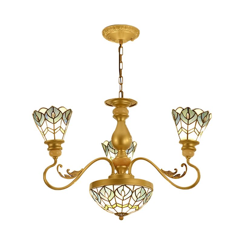 Tiffany Peacock Feather Chandelier Lighting 3/5/6 Lights Stained Glass Suspension Light in Gold for Living Room