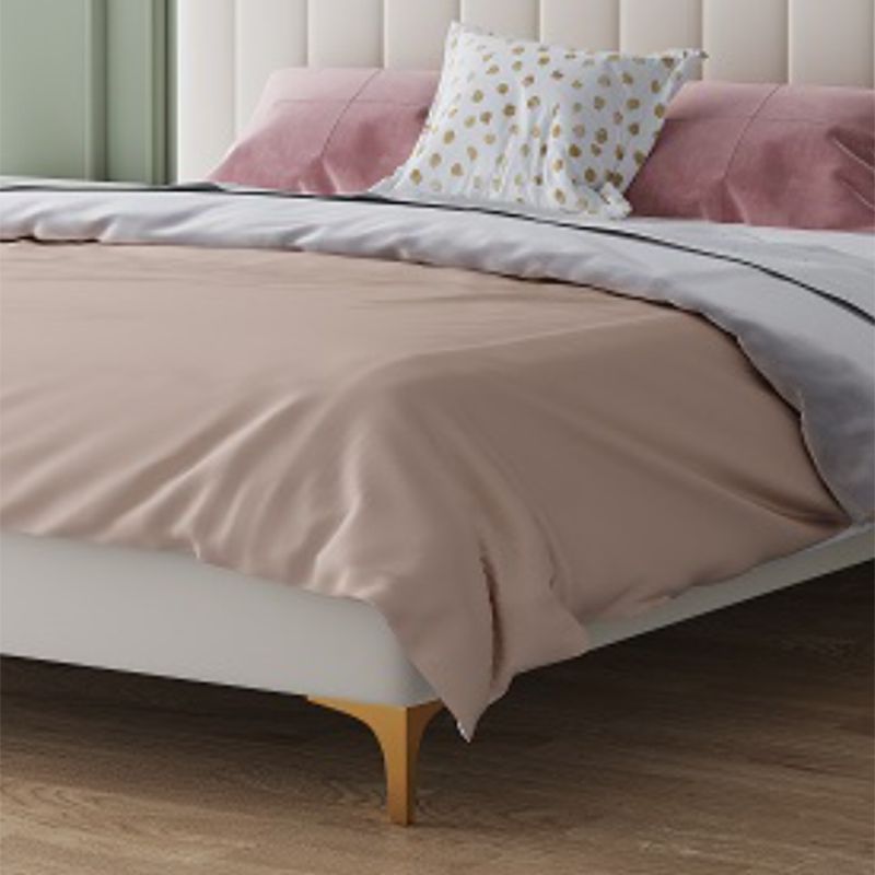 Contemporary White Panel Bed with Rectangle Faux Leather Headboard