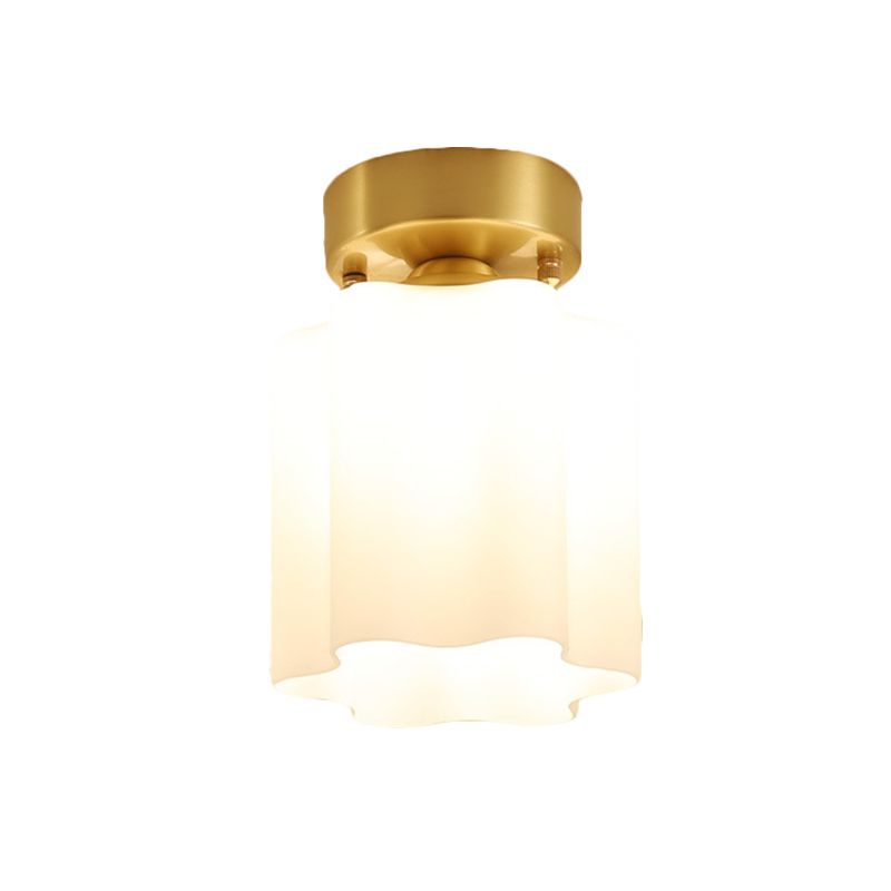 White Glass Brass Flush Lamp Scalloped/Shell/Trapezoid 1 Light Cottage Ceiling Mounted Lighting for Stairway
