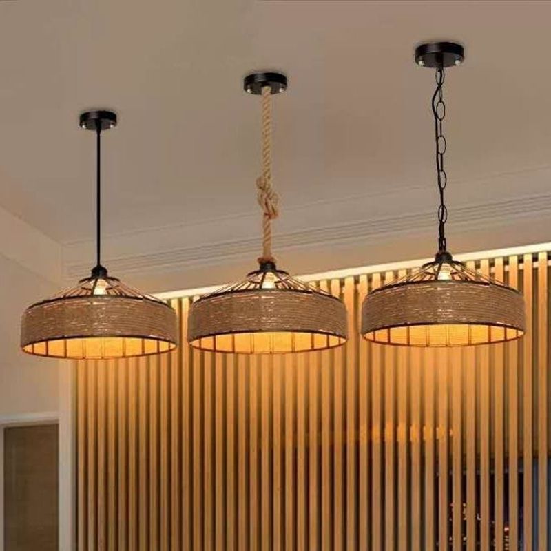 Rope Drum Pendant Light Fixture Warehouse-Style Restaurant Hanging Light Kit in Beige