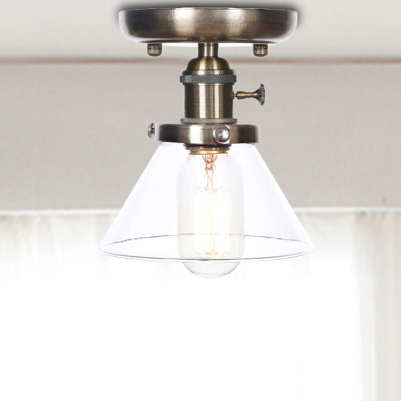 1 Light Ceiling Lighting Industrial Cone/Bell/Rhombus Clear/Amber Glass Semi Flush Mount Light in Bronze