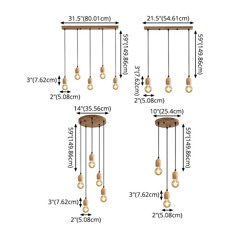 Mini Cluster Pendant Light Minimalist Natural Wood Dining Room Drop Lamp in Beige