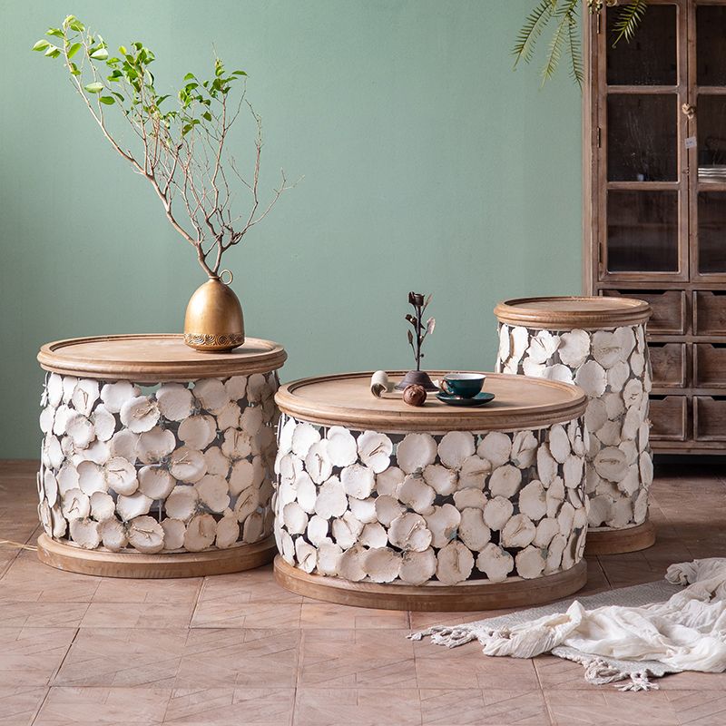 Drum Shape Accent Side Table Wood and Metal Rustic Style Corner Table