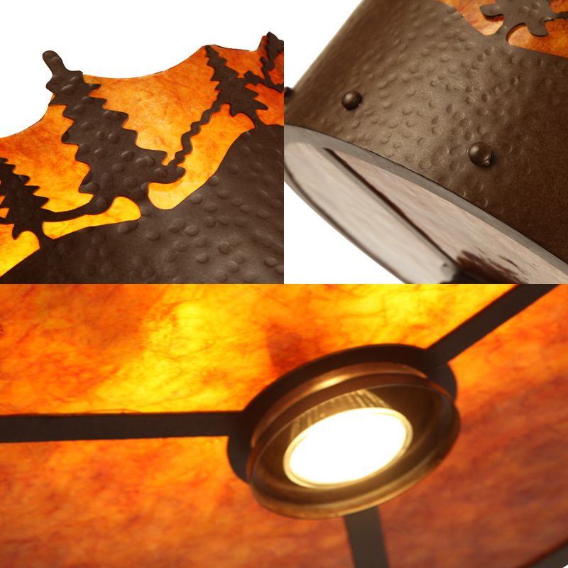 Braune 3 Lichter Kronleuchter Leuchte rustikale Metalltrommelanhängerlampe mit Bäumenmuster