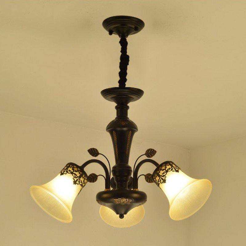 Flared Shade Beige Glass Chandelier Light Classic Living Room Pendant Ceiling Light in Black