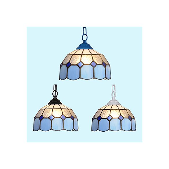 Black/White/Blue 1 Head Ceiling Light Baroque Stained Glass Bowl Suspended Lighting Fixture for Dining Room