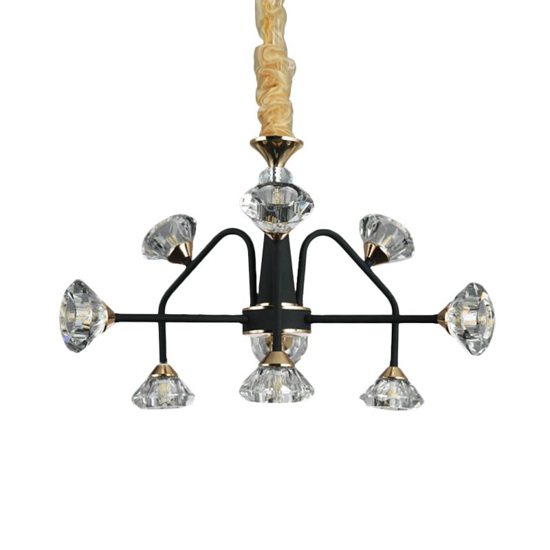 Sputnik Bedroom Chandelier Lamp Modern Metal 9 Bulbs Black Pendant Light with Diamond Crystal Shade