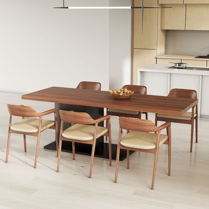 Brown Walnut Top Dining Table Modern Rectangle Black Metal Pedestal Table