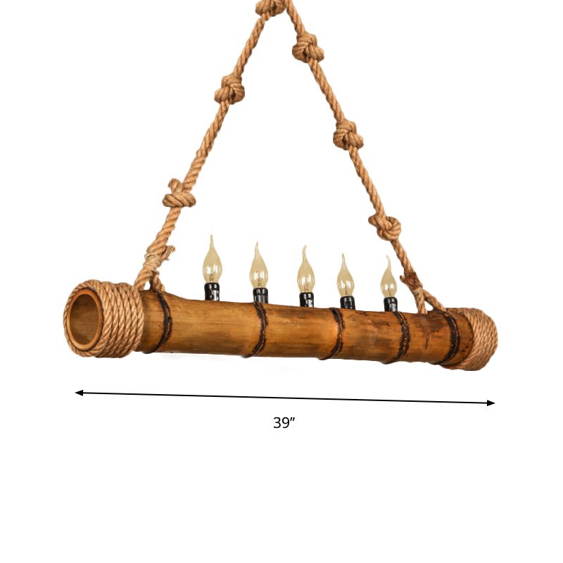 Forme de bambou beige Lumière suspendue avec une bougie 5 lumières Chandelier en bois rustique pour chalet