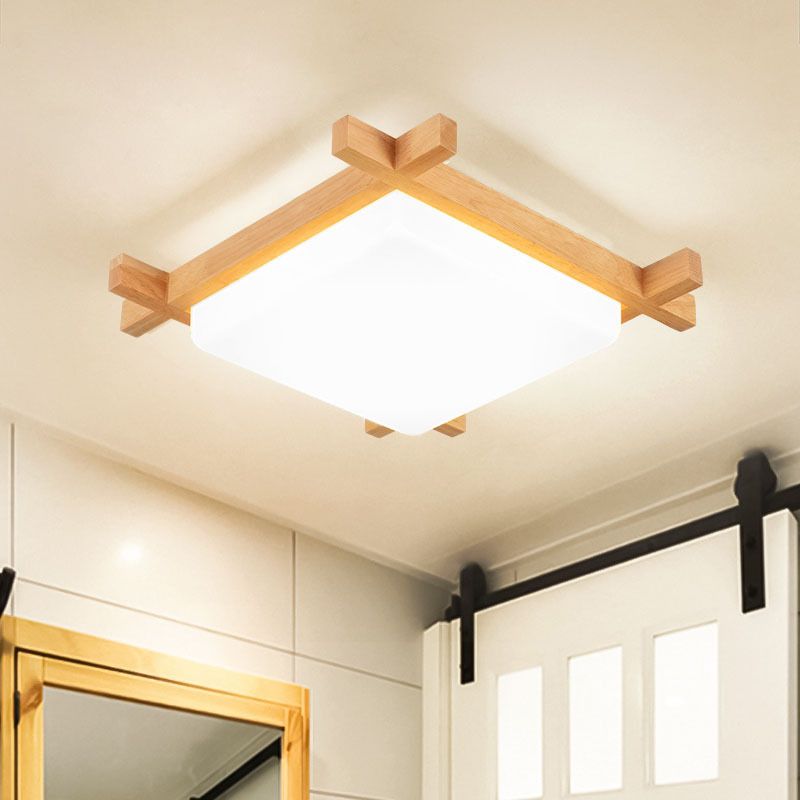 Wood Chessboard Shaped Flush Mount Nordic 15"/16.5"/20.5" Wide LED Acrylic Ceiling Light Fixture in Warm/White Light