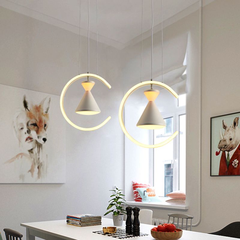White Finish Hourglass and Ring Pendant Minimalist LED Acrylic Hanging Light Kit over Table