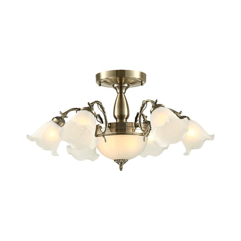 8 lampen Bloem Semi Montage Verlichtingsstijl Landelijke stijl Bronze/messing/koperen Melkglas dicht bij plafondlamp met schuifarm