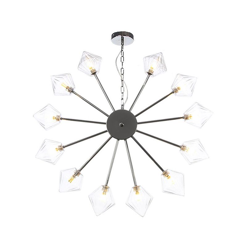 Diamond Shade Hanging Lighting Industrial Amber/Clear Glass 6/9/12 Heads Living Room Chandelier Lamp in Black/Brass/Copper