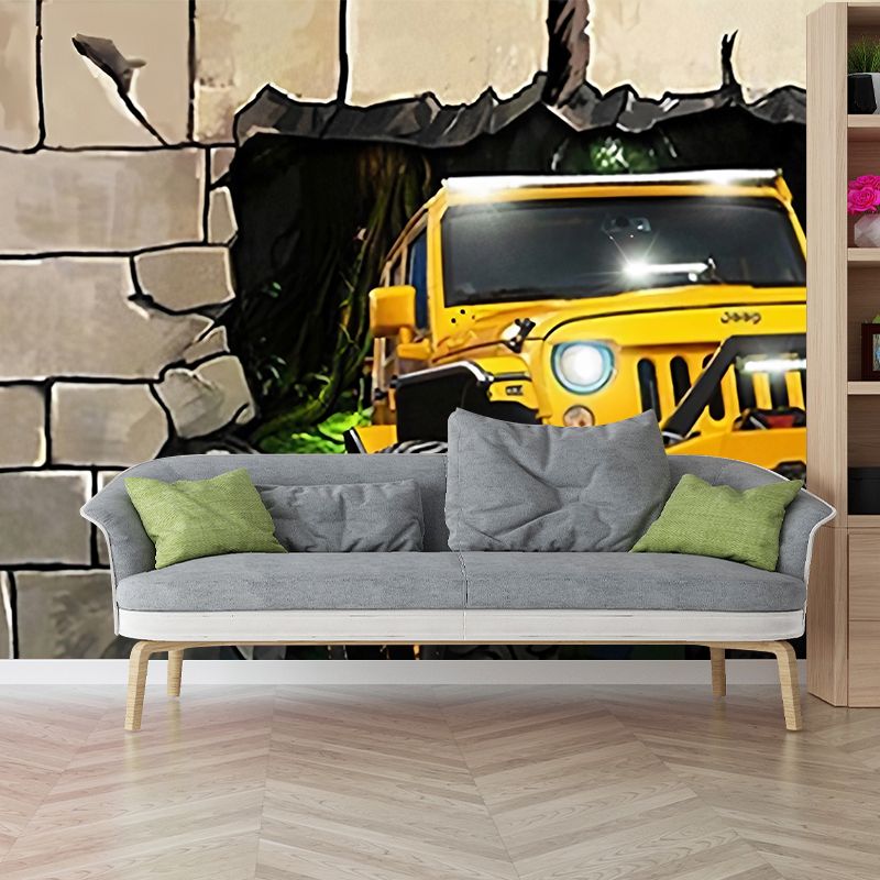 Yellow 3D Print Car Mural Wallpaper Stain-Resistant Wall Covering for Coffee Shop