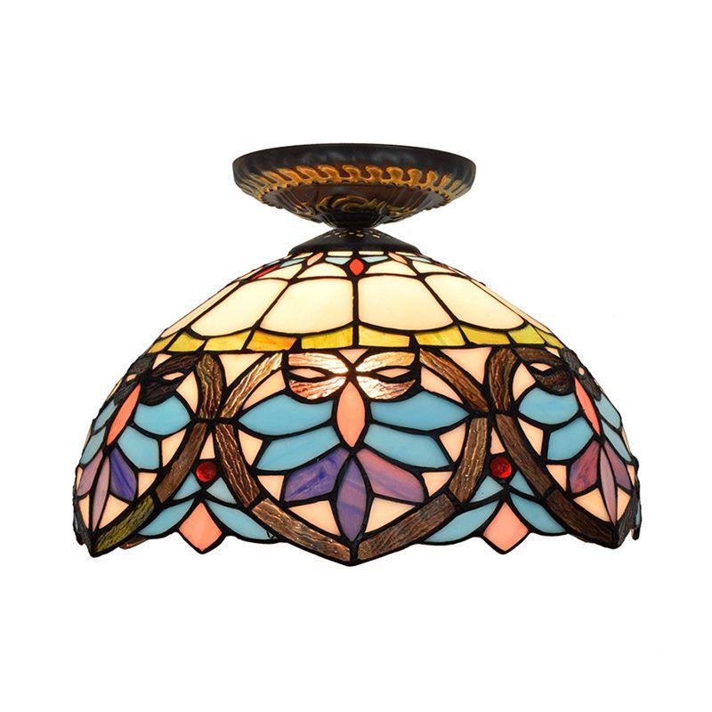 Plafonnier à 1 lumière de 8,5 po/12 po de largeur, luminaire de plafond en verre taillé à motifs de fleurs victoriennes en laiton avec abat-jour globe/dôme