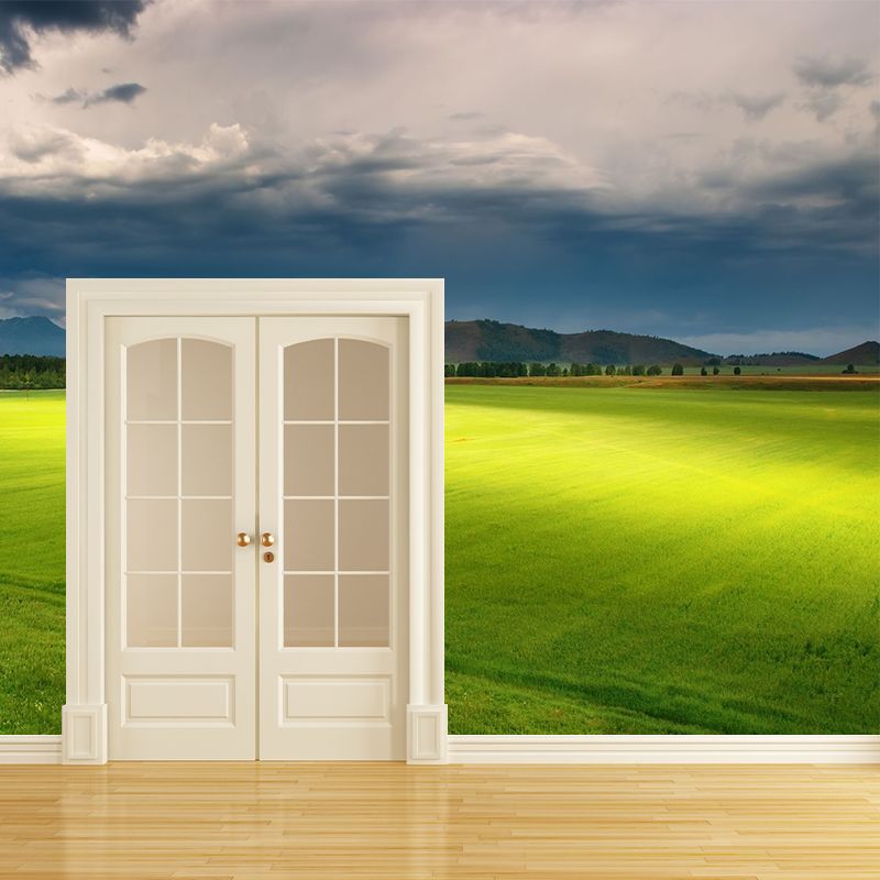 Non-Woven Waterproof Mural Modern Meadow with Moving Cloud Scenery Wall Decor in Green