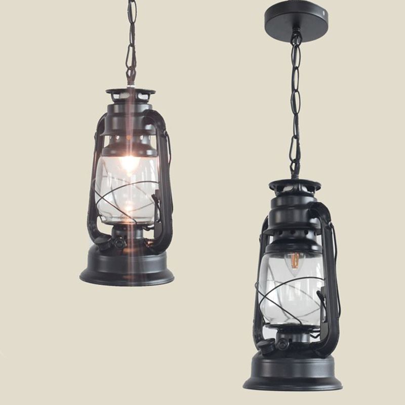 Nautical Kerosene Lantern Pendant Light Single-Bulb Clear Glass Hanging Lamp for Corridor