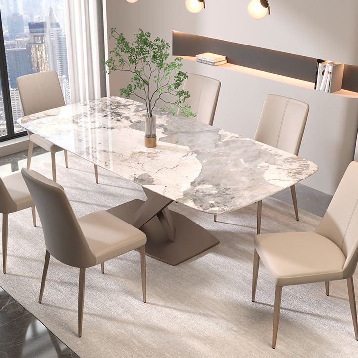 Contemporary Rectangle Sintered Stone Top Metal Base Dining Table with Chairs