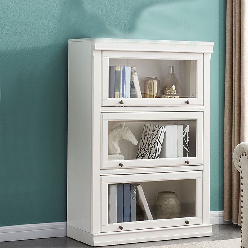 Modern Closed Storage Bookcase 12.5" W White Wooden Bookshelf with Glass Doors