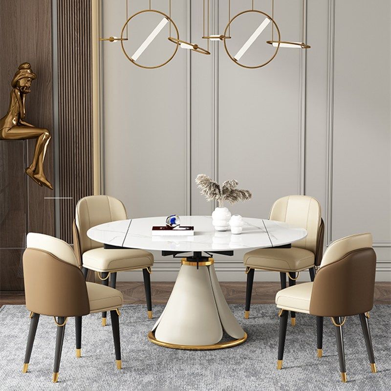 Glam 1/4/5/6/7/9 Pieces White Dining Table Set with Stone Top Round Scalable Dinette Set