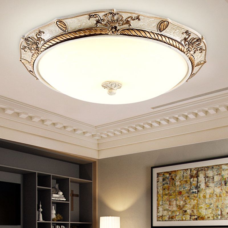 16"/19.5 W Milky Glass White-Gold Flush Light Dome Shaped LED Vintage Ceiling Mount Light Fixture for Dining Room, White/Warm Light