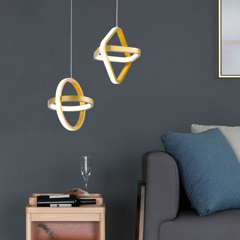 Golden Interlocking Pendant Light Fixture Simplicity 2-Light Metal Drop Lamp for Dining Room