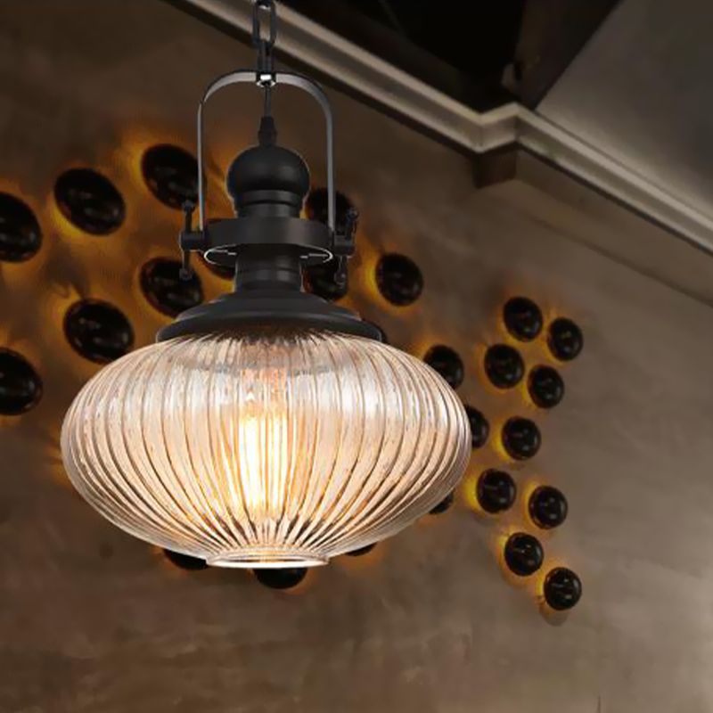 Ovale/Drum Clear Ribbed Glass Pendant Vintage 1 Head Bistro Hanging Ceiling Light in Black