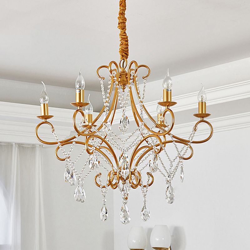 Crystal Stands Gold Suspension Lighting Raindrop 6 Heads Traditional Chandelier Light Fixture