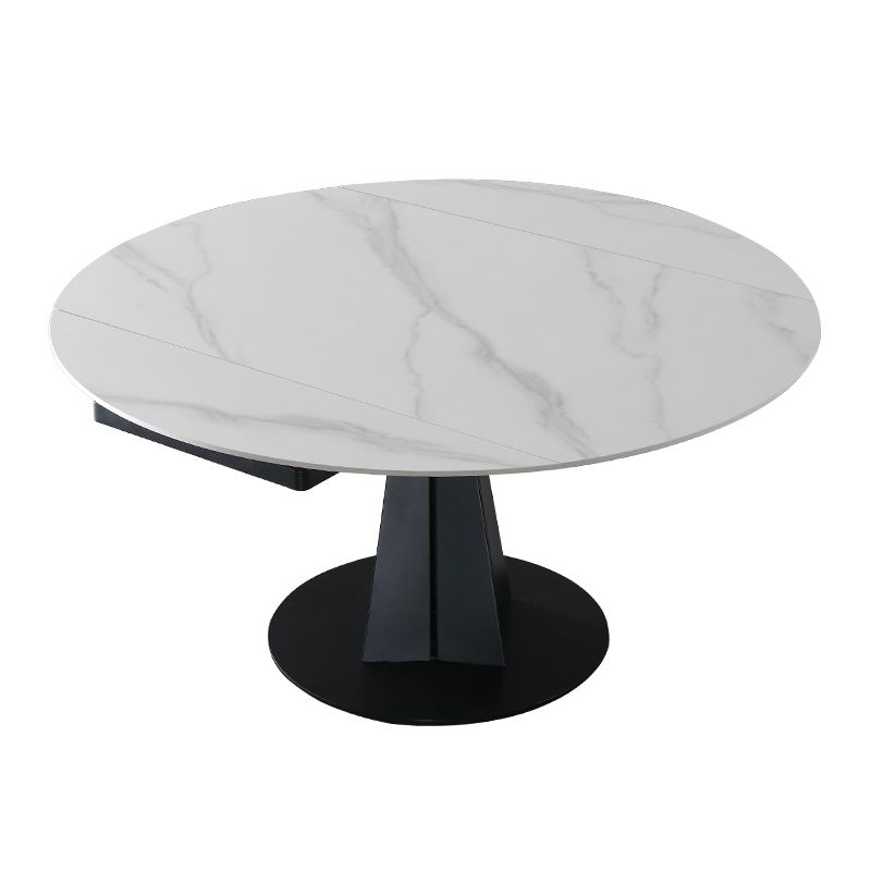 Extendable Round Dining Table Modern Sintered Stone Top Table with Black Pedestal