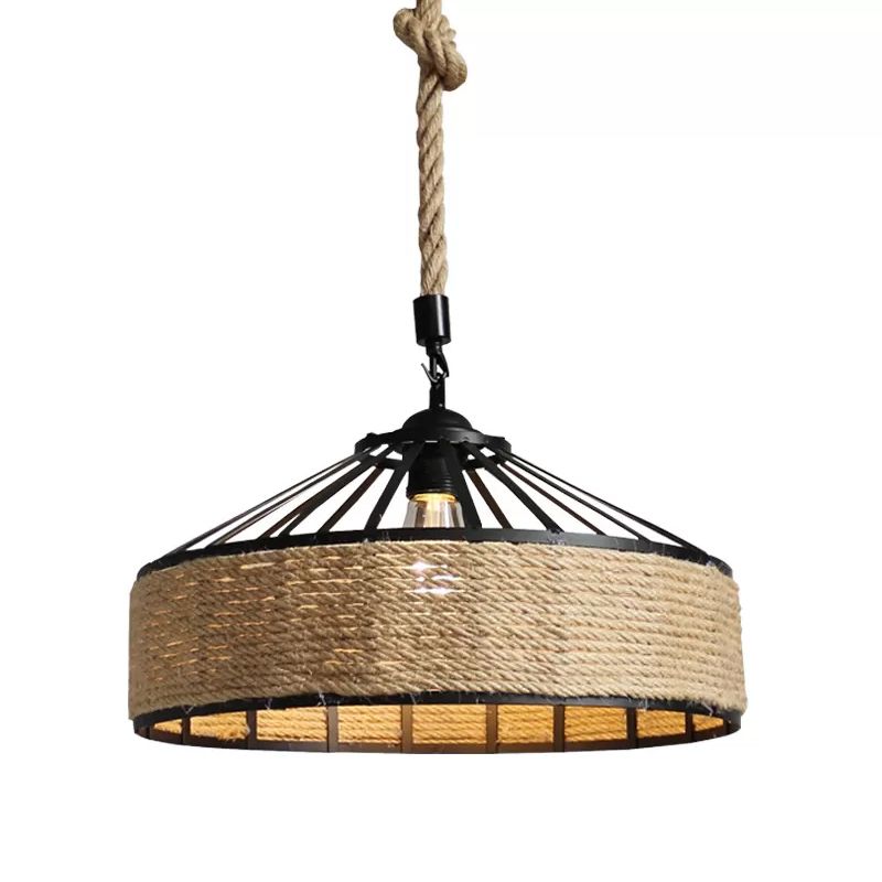 Barn Caged Dining Room Ceiling Pendant Rustic Rope 1-Light Brown Hanging Light Fixture, 12"/16"/19.5" Wide