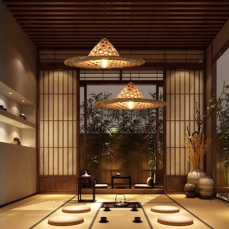 Wood Straw Hat Suspension Light Simplicity 1-Light Bamboo Pendant Lighting Fixture