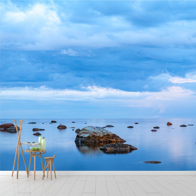 Tidal Flat with Rocks Mural Wallpaper Blue Tropical Wall Covering for Living Room