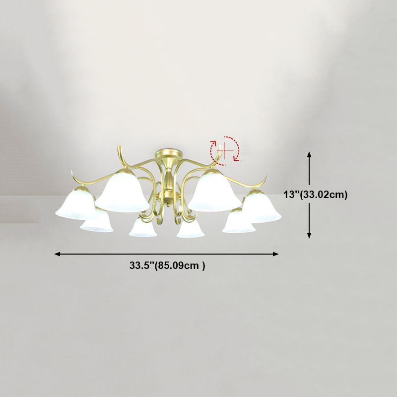 Gold Semi Flush Lamp Traditional Multi-Head Bedroom Ceiling Lighting with Glass Shade