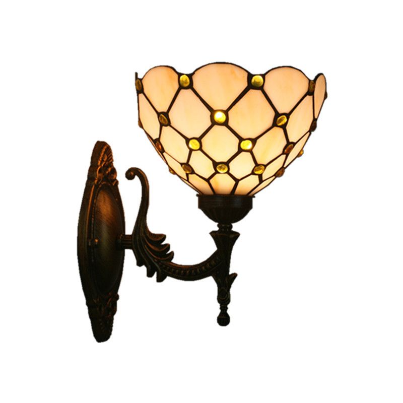 1 Head Corridor Wall Sconce Light Mediterranean Brass Wall Lighting with Geometry Cut Glass Shade