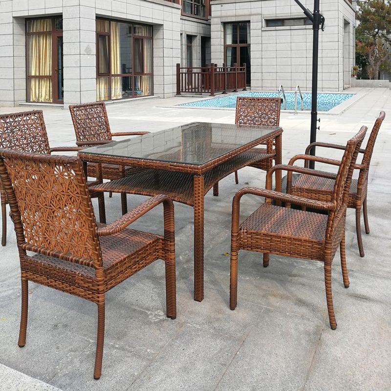 Contemporary Glass Top Dining Table Set 1/2/5/7 Pcs Brown Wicker Dining Set