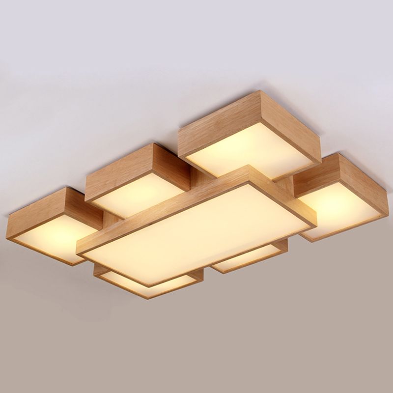 Beige vierkant/rechthoekblokspoellicht modern 22 "/31,5"/42 "brede LED houten plafond gemonteerde lamp
