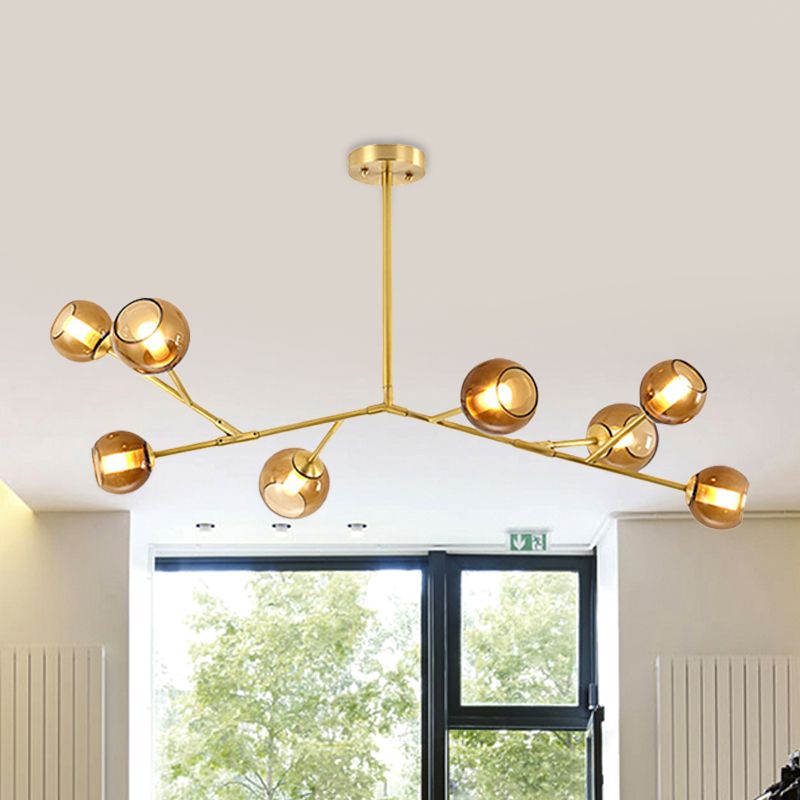 8-Bulb Living Room Ceiling Chandelier Post Modern Brass Branch Pendant Light Fixture with Bud Amber Glass Shade
