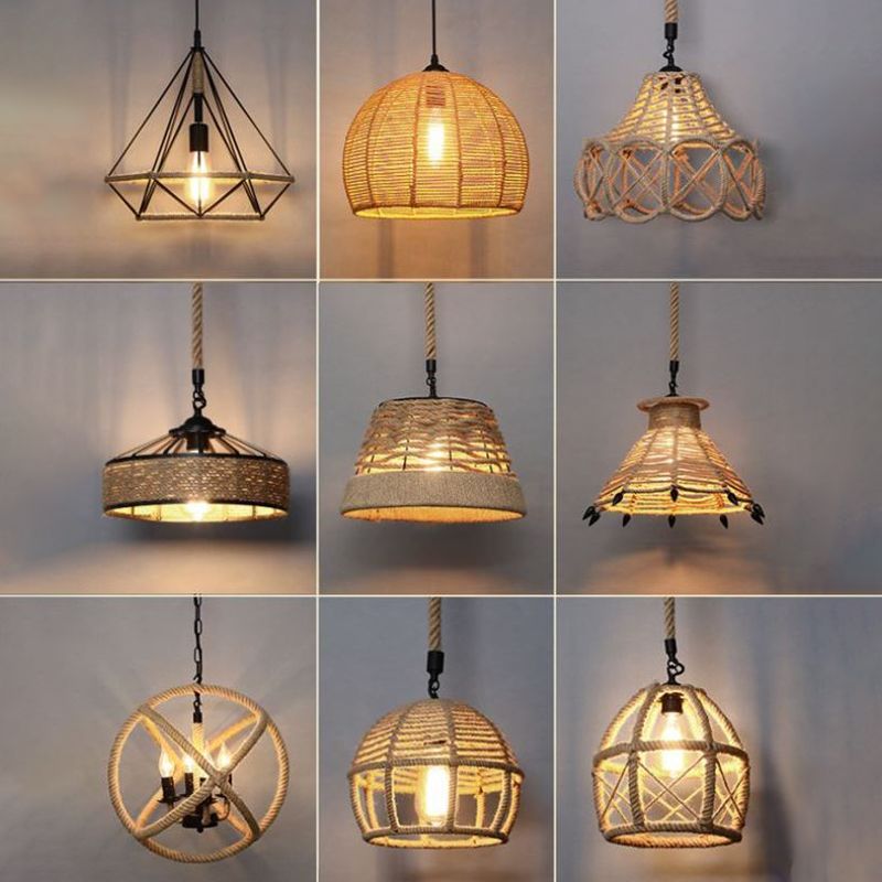 Single Cage Shade Pendulum Light Country Style Wood Rope Suspension Light for Restaurant
