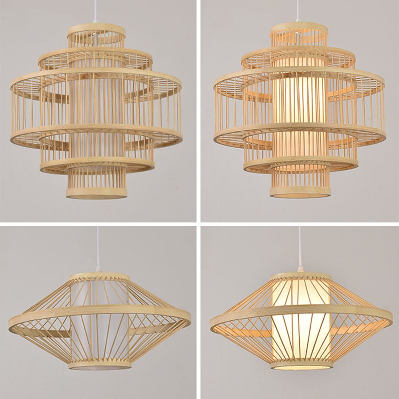 Beige Bamboo Hanging Light Fixture Asian 1-Light Suspension Pendant Light for Restaurant