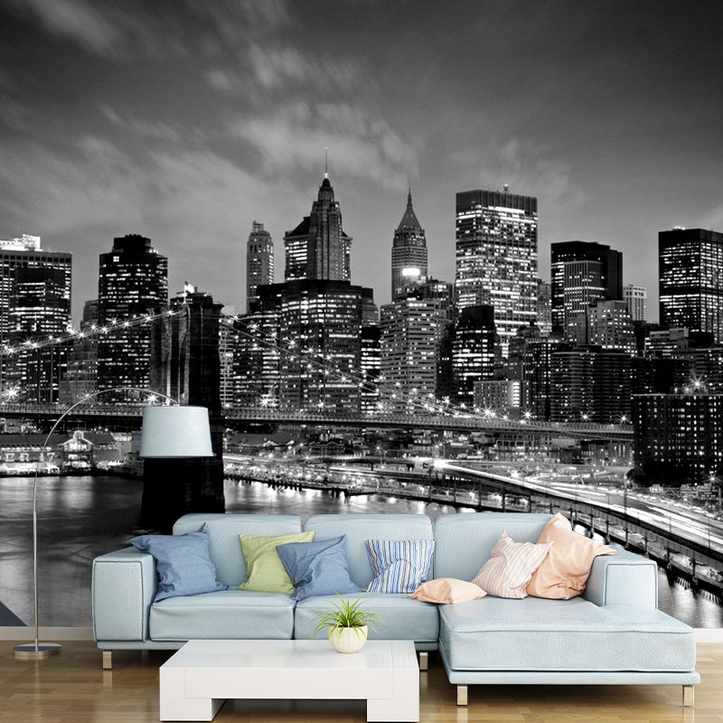 Modern Simple Wall Mural Black Night Scene of Bridge and Skyscraper Giant Wall Covering, Made to Measure